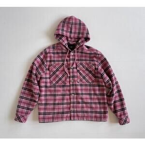 TEDDY FRESH Pink Plaid Fuzzy Fleece Hooded Button Up Jacket / Size Small